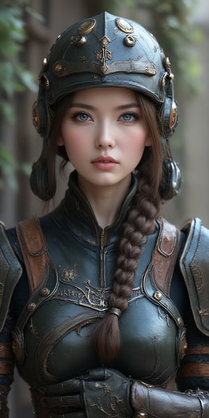 1girl, gloves, solo_focus, blurry, blurry_background, armor, artist_name, realistic, steampunk, blue_eyes, helmet, upper_body,sydn9y,yui,Enhanced all