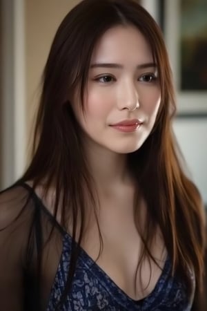 A stunning 30-year-old woman with perfect dark brown hair and eyes, flawless face, and a mature figure. She wears a tight, narrow patterned mini dark blue dress that accentuates her voluptuous curves. Her bright Korean wet skin glistens in the soft light, showcasing exquisite facial features and detailed expressions. The background is blurred, focusing attention on her captivating beauty. In this super high-resolution RAW photo (8k), every detail is meticulously rendered, from the texture of her hair to the folds of her dress.,kbg,kmary,hirose