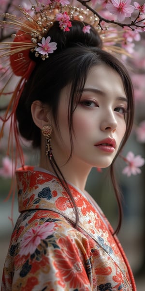 Imagine a beautiful hybrid face concubine with long black hair,walking near a blossoming cherrytree wearing an intricate floral kimono, work of beauty and complexity, hyperdetailed face, flowercore, awe-inspiring fantasy, 8k UHD, amber glow elements , alberto seveso style ,arcane style,sydn9y