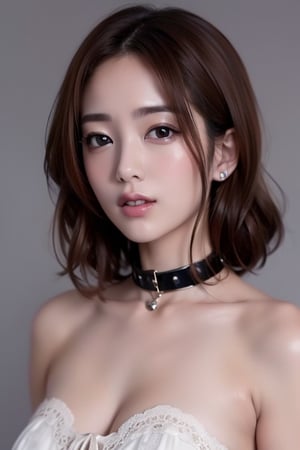 1girl
solo
brown hair
closed mouth
grey background
collar
lips
realistic ,beauty,yui,masterpiece,best quality,
yui