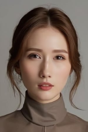 1girl solo brown hair closed mouth grey background collar lips realistic ,beauty,masterpiece,best quality,Realism,mino,julia