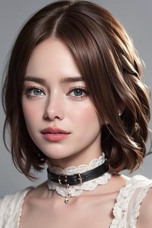 1girl
solo
brown hair
closed mouth
grey background
collar
lips
realistic ,beauty,masterpiece,best quality,1girl,emst 