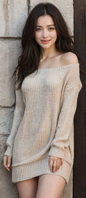 Generate hyper realistic image of a woman with long, red hair, standing against a rustic wall. She wears a black sweater dress, lifting it slightly to reveal a blush on her tanned skin. With a subtle smile, she gazes directly at the viewer, her long hair cascading down. The scene exudes simplicity and authenticity, capturing the raw beauty of the moment.,kyj