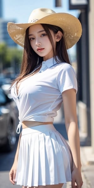 (Highest Quality: 1.2), 8K, 25, 85mm, Official Art, Original Photo, Ridiculous, White Dress Shirt, Solo Close-up, Upper Body, Solo, Cardigan, (Short Pleated Skirt: 1.1), Thigh, Short Sleeves , hair above one eye, on the street, looking at viewer, no makeup, (shy: 0.6), film grain, chromatic aberration, sharp focus, face light, clear lighting, teenager, detailed face, background blur , cowboy shooting, big breasts, acjc, perfect light, rei,lisa 
