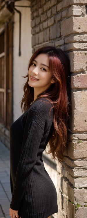 Generate hyper realistic image of a woman with long, red hair, standing against a rustic wall. She wears a black sweater dress, lifting it slightly to reveal a blush on her tanned skin. With a subtle smile, she gazes directly at the viewer, her long hair cascading down. The scene exudes simplicity and authenticity, capturing the raw beauty of the moment.,kyj,hirose