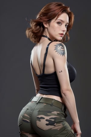 Meryl,1 girl,sex,redhead,big breasts,freckles,makeup,long eyelashes,perfect female body,black tank top,belt,camouflage pants,military tattoos,real,no_bra,looking_at_viewer,hands behing back,