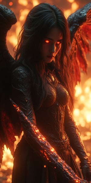 a cinematic photograph of an angel warrior with black hair and red glowing eyes wearing dark armor wielding a flaming sword, black and red wings on back, photorealistic, photography lighting, extremely detailed, shot on Sony A7R V with Leica lens, fire background. HKStyle, hkevil,julia