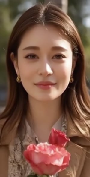 masterpiece, best quality, ultra-high-detailed, 
1girl
solo
long hair
looking at viewer
smile
brown hair
brown eyes
flower
parted lips
lips
rose
pink flower
realistic
pink rose,tyl,kbg,kmary