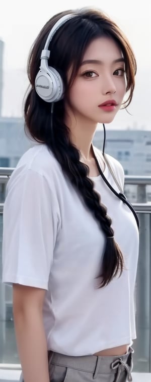 1girl
solo
long hair
looking at viewer
shirt
black hair
braid
pants
lips
single braid
headphones
yellow shirt
headphones around neck
realistic
 super model, cinematic shot in the style of denis villeneuve, (looking at viewer), masterpiece,kyj,LMT