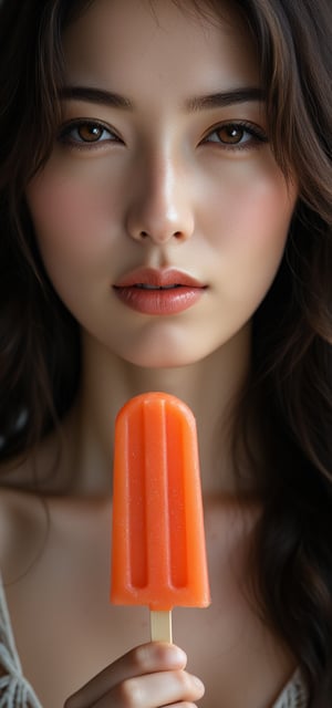 A stunning 1girl selfie! A solo subject with long, luscious black hair and warm brown eyes, one eye subtly closed in a relaxed grin. Her lips curve upwards in a mouth hold, showcasing the gentle smile. Her tan skin glows with subtle freckles and tanlines, accentuating her radiant complexion. In the foreground, a juicy popsicle teeters on the edge of her hand, as if about to be taken for a sweet treat. The framing is tight, capturing her essence in a realistic, up-close shot that invites the viewer in.yui 