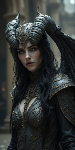 Cinematic full body shot of a beautiful female demon, gery skin, black long hair, grey horns, glowing eyes, big demon wings on her back, wearing shiny armor, hkevil, mythp0rt, amazing quality,mino