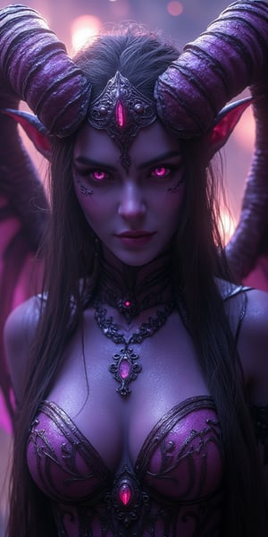 Cinematic full body shot of a beautiful female demon, purple skin, black long hair, purple horns, glowing eyes, big demon wings on her back, wearing shiny armor, hkevil, mythp0rt, amazing quality,julia