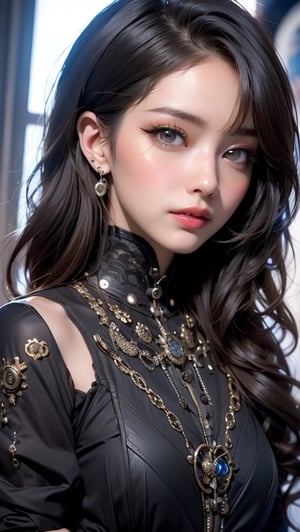 (((Masterpiece, top quality, ultra-detailed))), (((1 Infinity Mage Girl))), 14 years old, (((very detailed face))), small thin nose, small thin-lipped mouth, (((very sharp focused eyes))), very large slit precision pale grey eyes, sparkling like jewels. Very long eyelashes, long black hair in black vertical curls, with fringes, ((Steampunk fashion, Gothic Lolita fashion)),cky