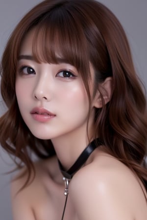 1girl
solo
brown hair
closed mouth
grey background
collar
lips
realistic ,beauty,yui,masterpiece,best quality,
yui