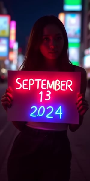 A vibrant image of a woman holding a neon sign that reads "September 13, 2024" in flashing rainbow-colored neon lights.   The scene is set during a busy night in Tokyo, with the logo casting a bright, contrasting light.    The woman struck a sexy pose, her silhouette clearly visible against the glowing logo.    The composition focuses on the interplay of light and shadow against a busy backdrop, highlighting the electric glow of neon lights against the night backdrop.hirose,tyl 