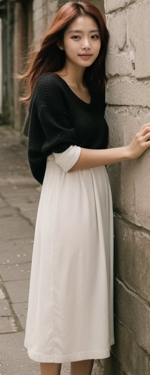 Generate hyper realistic image of a woman with long, red hair, standing against a rustic wall. She wears a black sweater dress, lifting it slightly to reveal a blush on her tanned skin. With a subtle smile, she gazes directly at the viewer, her long hair cascading down. The scene exudes simplicity and authenticity, capturing the raw beauty of the moment.,kyj,hirose,epiC35mm,ccy