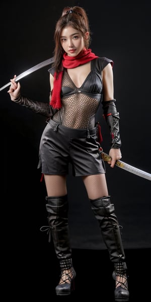 ((Masterpiece)),
ninja, ninja_costume, costume, solo, long hair, looking at viewer, black hair, holding, full body, ponytail, weapon, boots, japanese clothes, sword, scarf, holding weapon, bodysuit, holding sword, katana, black background, sheath, fishnets, red scarf, unsheathing,xee