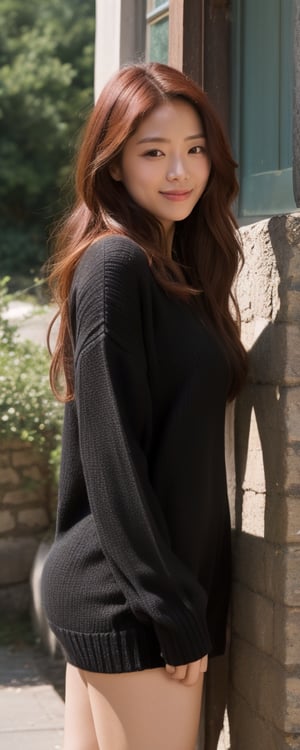 Generate hyper realistic image of a woman with long, red hair, standing against a rustic wall. She wears a black sweater dress, lifting it slightly to reveal a blush on her tanned skin. With a subtle smile, she gazes directly at the viewer, her long hair cascading down. The scene exudes simplicity and authenticity, capturing the raw beauty of the moment.,kyj,hirose,epiC35mm,ccy,konoha 