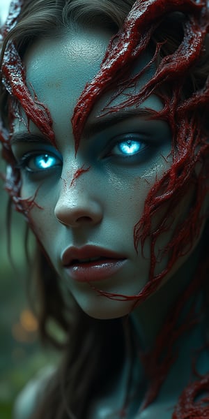 A woman's face with glowing blue eyes and red vines growing on her skin, in the forest, fantasy art style, hyper realistic, cinematic, close up, pov from the side. hkevil,mino