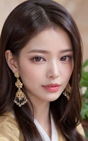 A close-up portrait of a beautiful Japan woman with a serene expression. She has deep brown eyes that reflect warmth and wisdom. Her long, dark hair is adorned with delicate jasmine flowers, falling in loose waves around her face. She is wearing a traditional silk saree in a rich maroon color with intricate golden embroidery. Her jewelry includes a pair of delicate gold jhumka earrings and a small bindi on her forehead. The background is softly blurred, with hints of vibrant green foliage, giving a natural and harmonious feel to the image. The lighting is soft and natural, highlighting her flawless skin and the intricate details of her attire.,nami,hirose,yui,ccy,LMT,sydn9y,konoha 