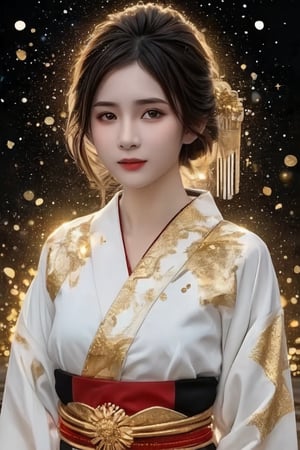 Beautiful girl. She is very cool, she is wearing a very luxurious hakama outfit. intwined with gold, gold jewellery,  detailed image, detailed skin, upper body, looking at the viewer. Black background, ((masterpiece: 1.2)), light particles, ink drops in the background, Anime style.,abg 