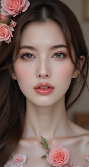 masterpiece, best quality, ultra-high-detailed, 
1girl
solo
long hair
looking at viewer
smile
brown hair
brown eyes
flower
parted lips
lips
rose
pink flower
realistic
pink rose,tyl,Enhanced all,Midjourney_Whisper,yue,yui