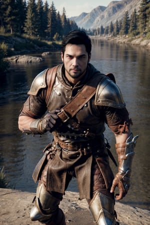 bdo_warrior, realistic image, 1man, full body, looking at viewer, short black hair, facial hair, leather armor, pauldrons, leather gloves, leather boots, next to a river, forest, masterpiece, perfect anatomy, perfect hands, perfect face, detailed face, handsome face, 8k, best quality, detailed image, photographic image, big bulge