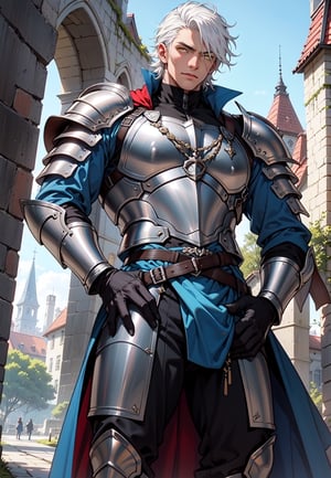 best quality , masterpiece, male, men,1guy, Victorian, Black knight armor* white hair, yellow eyes, huge long sword, castle, big bulge, bulge focus, large bulges in the crotch