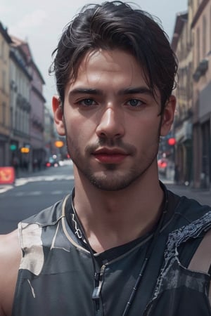 Wearing a sleeveless T-shirt, (photorealistic), cinematic film still. beautiful lighting, best quality, realistic, full length portrait, real image, intricate details, depth of field, 1 Italian man, scruff, handsomely tanned olive skin, highly detailed, captivating facial features, tall, anatomically correct, Fujifilm XT3, outdoors, open field, atmospheric glow, RAW photo, 8k uhd, film grain, 6000, male, Movie Still, photo r3al, Film Still, Cinematic, Cinematic Shot, Male focus, Italian Male, AngelicStyle, Cinematic Lighting, Germany Male, Muscular, France Male, European Country would you Like, ,better_hands