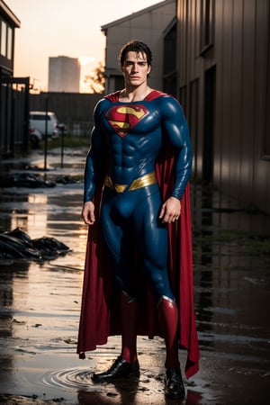 Photo of Henry Cavill as a superman, good locking, messy black hair, blue eyes, Athletic, standing on the spooky wet warzone, full body, sunset after rain, epic background, into the dark, deep shadow, dramatic lighting, twilight portrait, masterpiece, best quality 