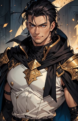 1man, handsome, ikemen, male lead, black hair, slicked back hair, beautiful, (black breastplate), (black cloak), brown eyes, (tan skin), (perfect face), (detailed eyes), strong jaw, vibrant eyes, smirk, villain, masculine, slender, pretty boy, webcomic, manhwa, big bulge