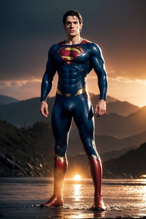 Photo of Henry Cavill as a superman, good locking, messy black hair, blue eyes, Athletic, standing on the spooky wet warzone, full body, sunset after rain, epic background, into the dark, deep shadow, dramatic lighting, twilight portrait, masterpiece, best quality, big bulge.