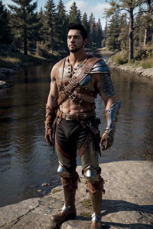 bdo_warrior, realistic image, 1man, full body, looking at viewer, short black hair, facial hair, leather armor, pauldrons, leather gloves, leather boots, next to a river, forest, masterpiece, perfect anatomy, perfect hands, perfect face, detailed face, handsome face, 8k, best quality, detailed image, photographic image, big bulge