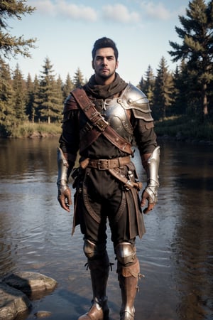 bdo_warrior, realistic image, 1man, full body, looking at viewer, short black hair, facial hair, leather armor, pauldrons, leather gloves, leather boots, next to a river, forest, masterpiece, perfect anatomy, perfect hands, perfect face, detailed face, handsome face, 8k, best quality, detailed image, photographic image, big bulge