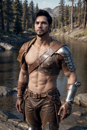 bdo_warrior, realistic image, 1man, full body, looking at viewer, short black hair, facial hair, leather armor, pauldrons, leather gloves, leather boots, next to a river, forest, masterpiece, perfect anatomy, perfect hands, perfect face, detailed face, handsome face, 8k, best quality, detailed image, photographic image, big bulge