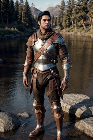 bdo_warrior, realistic image, 1man, full body, looking at viewer, short black hair, facial hair, leather armor, pauldrons, leather gloves, leather boots, next to a river, forest, masterpiece, perfect anatomy, perfect hands, perfect face, detailed face, handsome face, 8k, best quality, detailed image, photographic image, big bulge