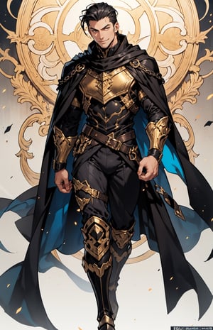 1man, handsome, ikemen, male lead, black hair, slicked back hair, beautiful, (black breastplate), (black cloak), brown eyes, (tan skin), (perfect face), (detailed eyes), strong jaw, vibrant eyes, smirk, villain, masculine, slender, pretty boy, webcomic, manhwa, big bulge, ffull body.