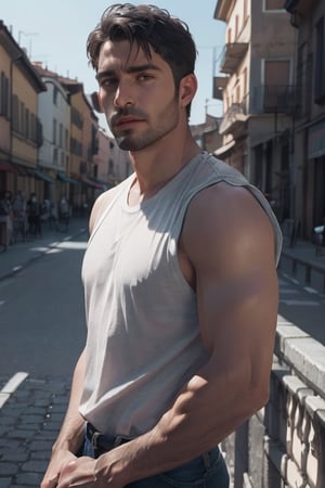 Wearing a sleeveless T-shirt, (photorealistic), cinematic film still. beautiful lighting, best quality, realistic, full length portrait, real image, intricate details, depth of field, 1 Italian man, scruff, handsomely tanned olive skin, highly detailed, captivating facial features, tall, anatomically correct, Fujifilm XT3, outdoors, open field, atmospheric glow, RAW photo, 8k uhd, film grain, 6000, male, Movie Still, photo r3al, Film Still, Cinematic, Cinematic Shot, Male focus, Italian Male, AngelicStyle, Cinematic Lighting, Germany Male, Muscular, France Male, European Country would you Like, ,better_hands