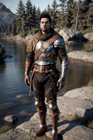 bdo_warrior, realistic image, 1man, full body, looking at viewer, short black hair, facial hair, leather armor, pauldrons, leather gloves, leather boots, next to a river, forest, masterpiece, perfect anatomy, perfect hands, perfect face, detailed face, handsome face, 8k, best quality, detailed image, photographic image, big bulge