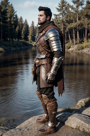 bdo_warrior, realistic image, 1man, full body, right side view, looking at viewer, short black hair, facial hair, leather armor, pauldrons, leather gloves, leather boots, next to a river, forest, masterpiece, perfect anatomy, perfect hands, perfect face, detailed face, handsome face, 8k, best quality, detailed image, photographic image