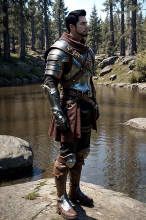 bdo_warrior, realistic image, 1man, full body, right side view, looking at viewer, short black hair, facial hair, leather armor, pauldrons, leather gloves, leather boots, next to a river, forest, masterpiece, perfect anatomy, perfect hands, perfect face, detailed face, handsome face, 8k, best quality, detailed image, photographic image