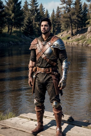 bdo_warrior, realistic image, 1man, full body, looking at viewer, short black hair, facial hair, leather armor, pauldrons, leather gloves, leather boots, next to a river, forest, masterpiece, perfect anatomy, perfect hands, perfect face, detailed face, handsome face, 8k, best quality, detailed image, photographic image, big bulge