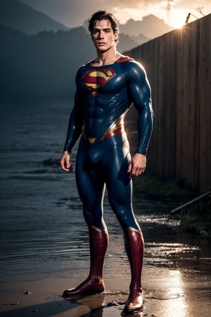 Photo of Henry Cavill as a superman, good locking, messy black hair, blue eyes, Athletic, standing on the spooky wet warzone, full body, sunset after rain, epic background, into the dark, deep shadow, dramatic lighting, twilight portrait, masterpiece, best quality, big bulge.