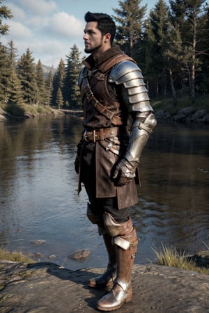 bdo_warrior, realistic image, 1man, full body, right side view, looking at viewer, short black hair, facial hair, leather armor, pauldrons, leather gloves, leather boots, next to a river, forest, masterpiece, perfect anatomy, perfect hands, perfect face, detailed face, handsome face, 8k, best quality, detailed image, photographic image