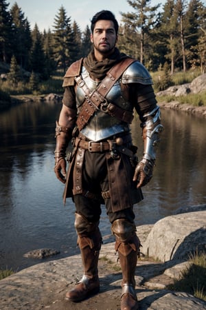 bdo_warrior, realistic image, 1man, full body, looking at viewer, short black hair, facial hair, leather armor, pauldrons, leather gloves, leather boots, next to a river, forest, masterpiece, perfect anatomy, perfect hands, perfect face, detailed face, handsome face, 8k, best quality, detailed image, photographic image, big bulge