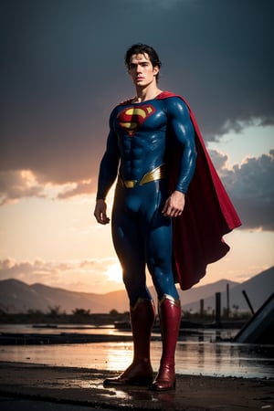 Photo of Henry Cavill as a superman, good locking, messy black hair, blue eyes, Athletic, standing on the spooky wet warzone, full body, sunset after rain, epic background, into the dark, deep shadow, dramatic lighting, twilight portrait, masterpiece, best quality 