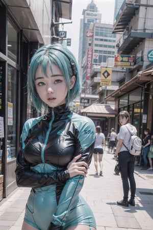 (masterpiece), science fiction, scenery,  1girl, short hair, bangs, aqua hair color, light blue eyes, mecha headgear, sci-fi bodysuits, ,IncrsDistractedBoyfriendMeme