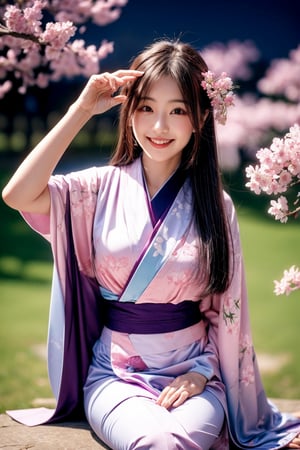 sit under Yoshino Cherry tree, blown , pink purple kimono, smile, 3/4 pose, night, long straight hair,