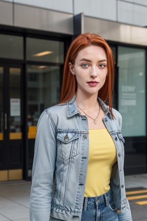 1girl, long hair, solo, green eyes, yellow shirt, orange hair, red hair, breasts, jacket, upper body, lips, necklace, looking at viewer, blue jean, happy, standing