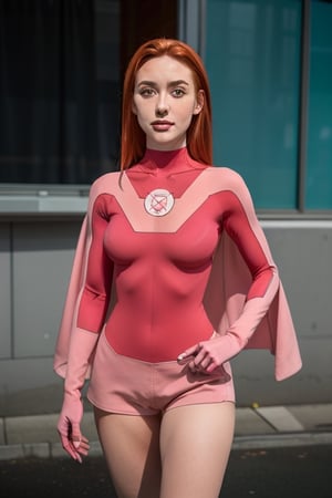 1girl, long hair, solo, green eyes, bodysuit, orange hair, red hair, breasts, cape, pink bodysuit, upper body, lips, superhero, looking at viewer, boots, portrait, leotard, gloves, happy, standing, pink leotard, shorts, full_body